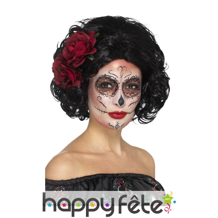 Perruque jour des morts noire avec fleurs rouges
