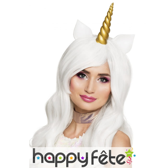 Perruque longue blanche de licorne avec corne