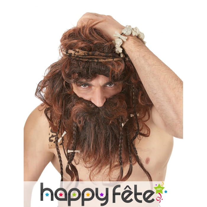 Perruque marron avec tresses homme des cavernes