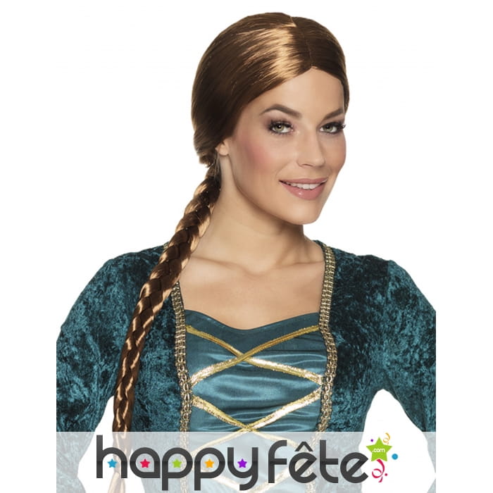 Perruque médiévale châtain avec longue tresse