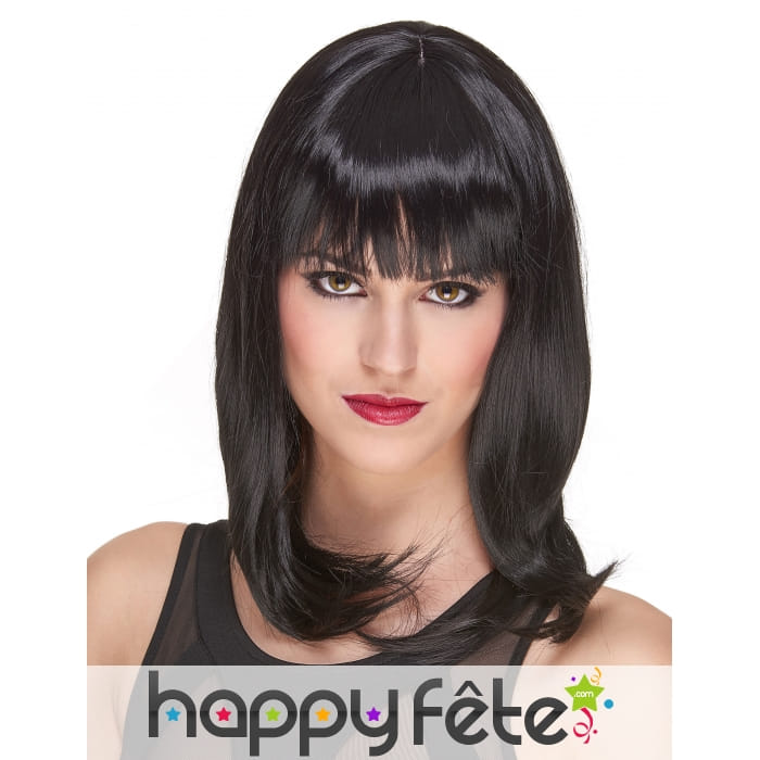 Perruque mi-longue noire lisse, luxe