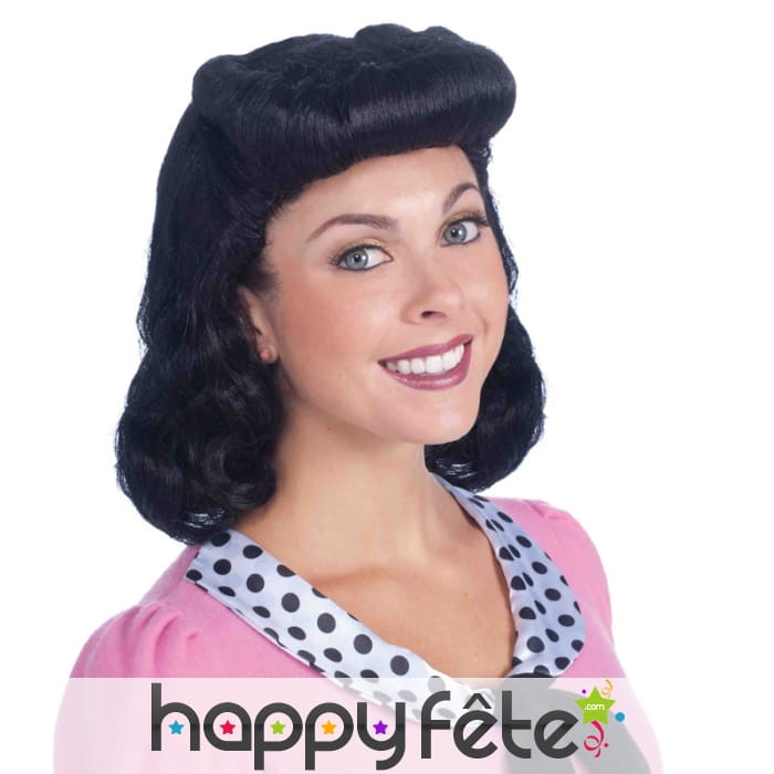 Perruque mi-longue ondulée noire, années 50