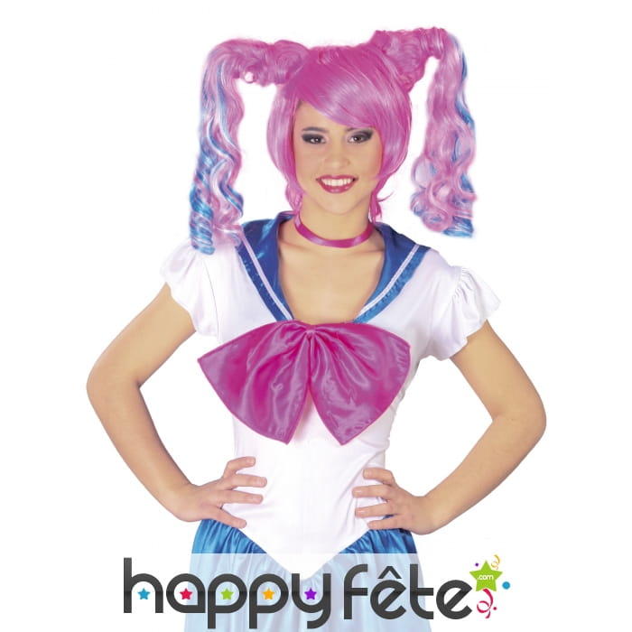Perruque manga rose avec 2 couettes