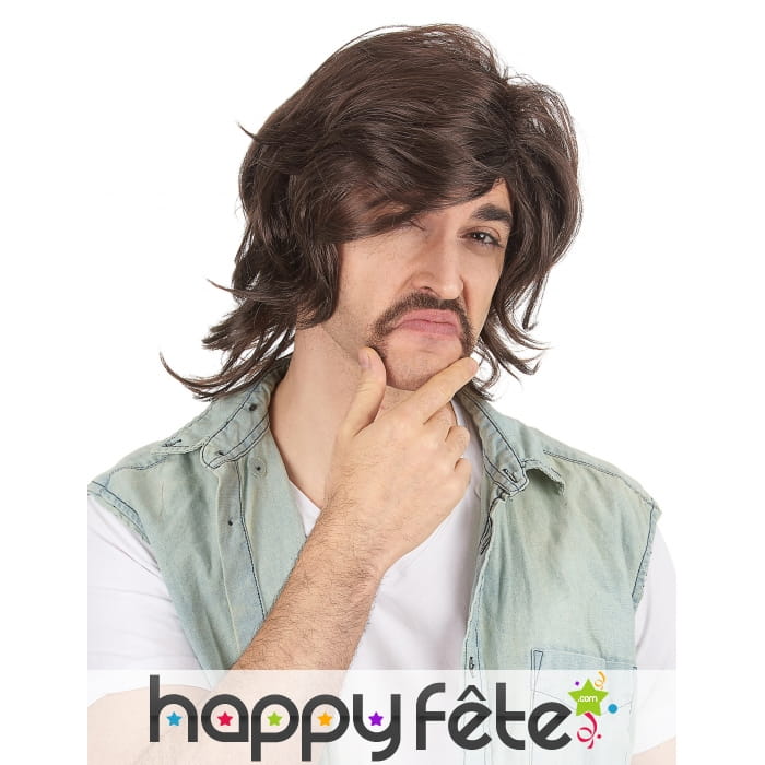 Perruque noire années 70 pour homme, mi longue