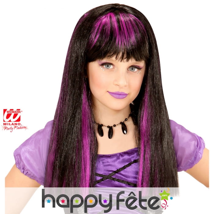 Perruque noire avec mèches violettes pour enfant