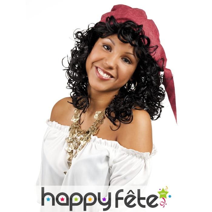 Perruque noire bouclée avec bandana, femme pirate