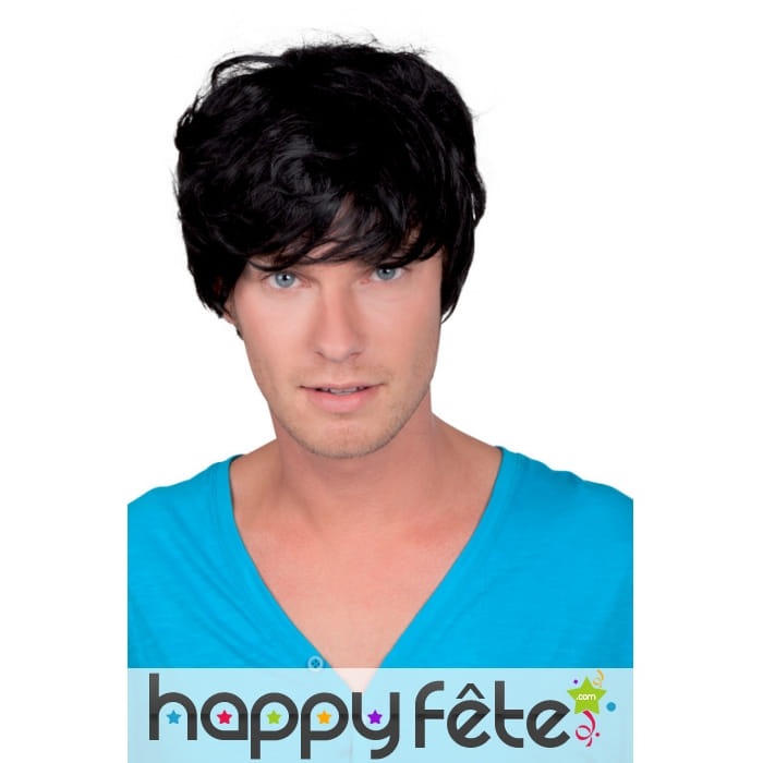 Perruque noire courte pour homme, années 70