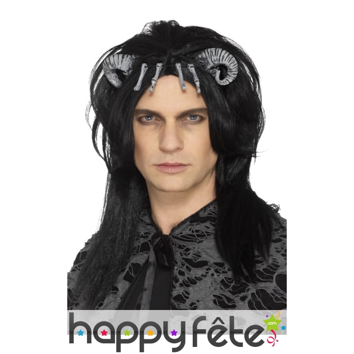 Perruque noire de démon avec petites cornes