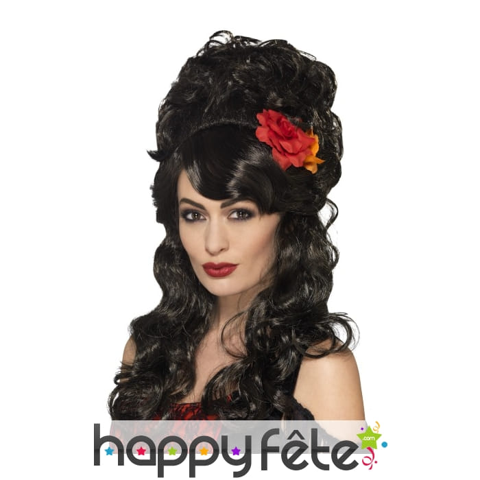 Perruque noire de femme espagnole avec fleur rouge
