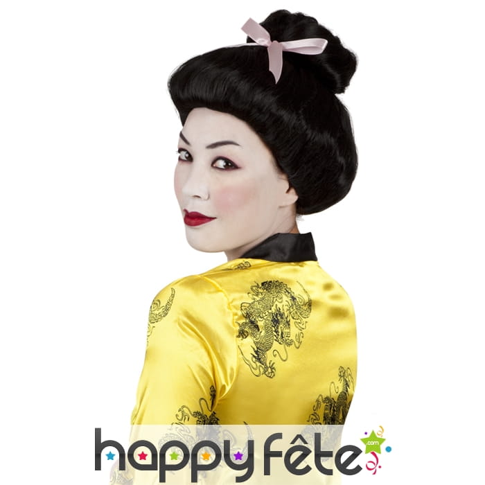 Perruque noire de geisha avec chignon et ruban