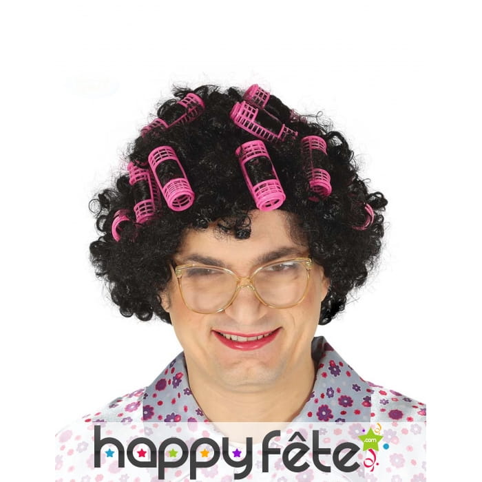 Perruque noire de mamie avec bigoudis