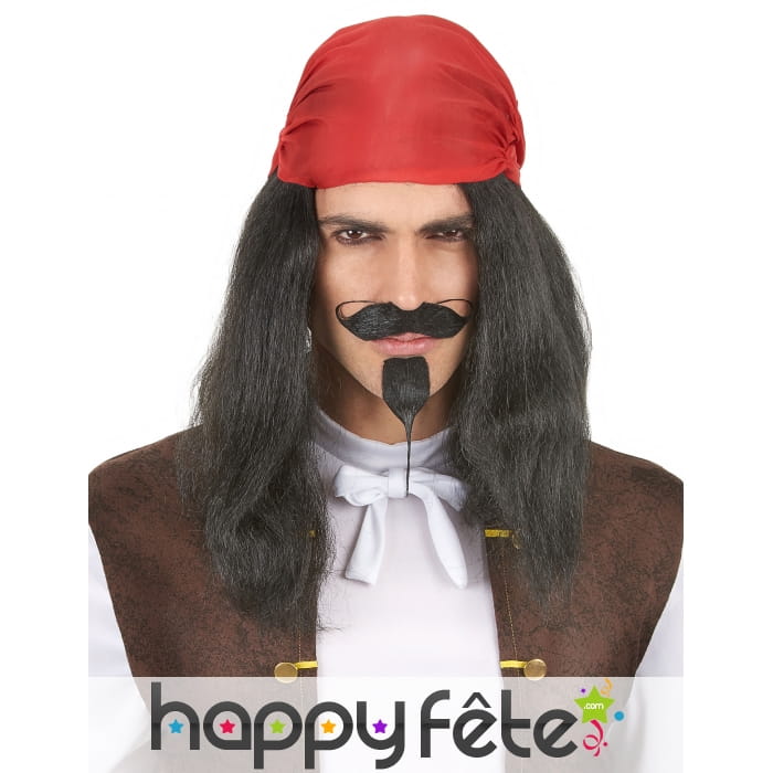 Perruque noire de pirate avec bandana rouge