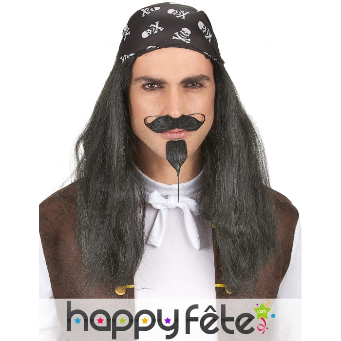 Perruque noire de pirate bandana noir