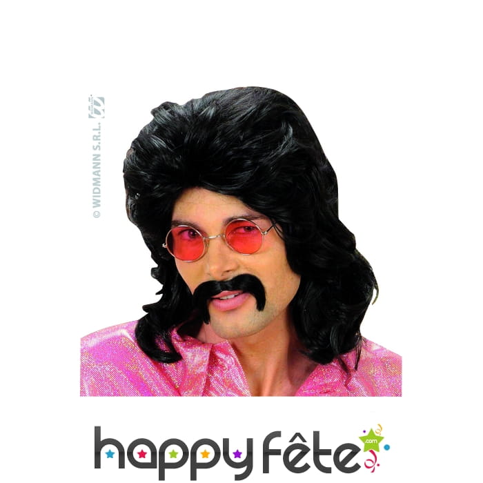Perruque noire des annees 70 avec moustaches