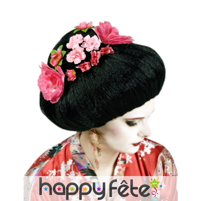 Perruque noire fleurie de geisha