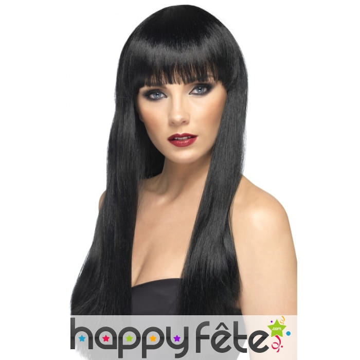 Perruque noire lisse avec frange, cheveux longs