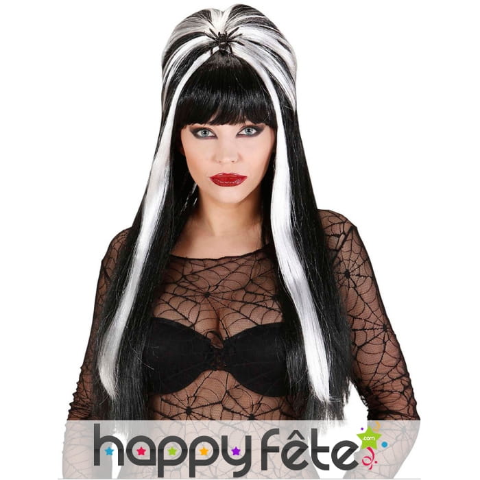 Perruque noire mèches blanche et araignée