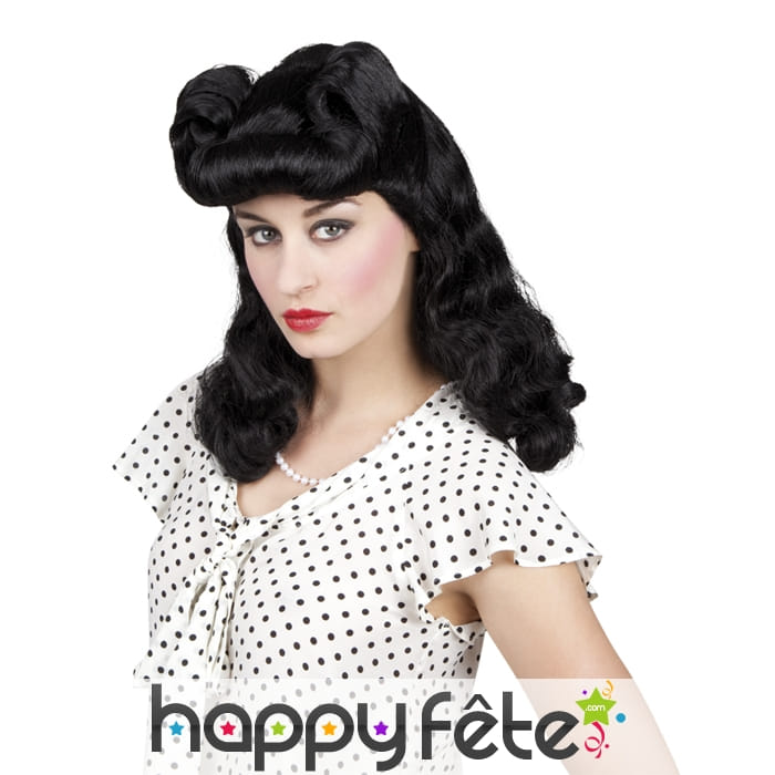 Perruque noire ondulée avec montage années 50
