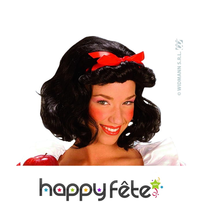 Perruque noire ondulée avec noeud rouge