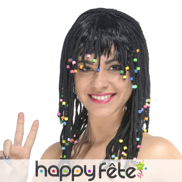 Perruque noire tresses et perles colorées
