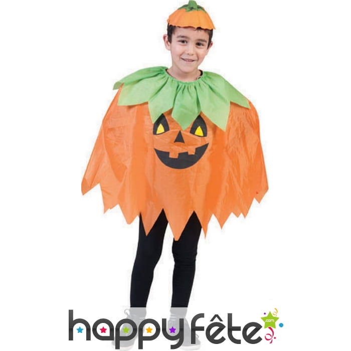 Poncho orange imprimé citrouille taille enfant