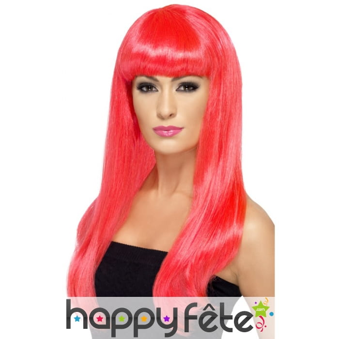 Perruque rose fluo lisse avec frange