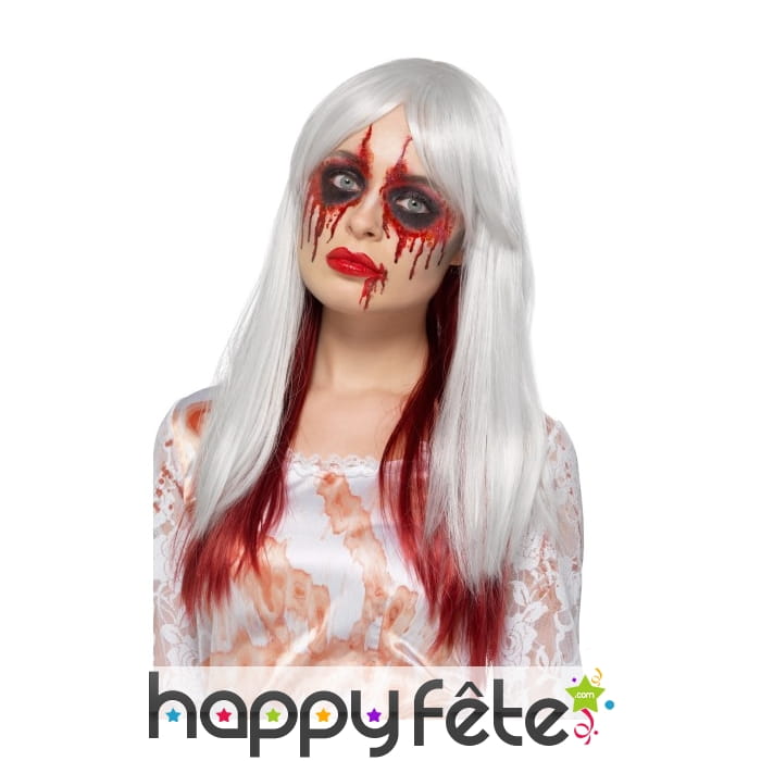 Perruque stylisable blanche pointes rouges sang