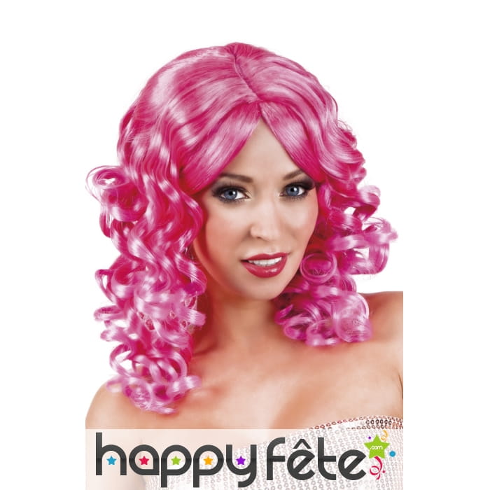 Perruque synthétique bouclée rose fluo