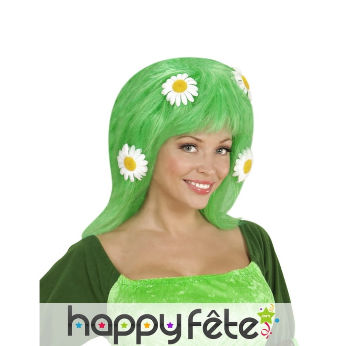 Perruque verte décorée de marguerites