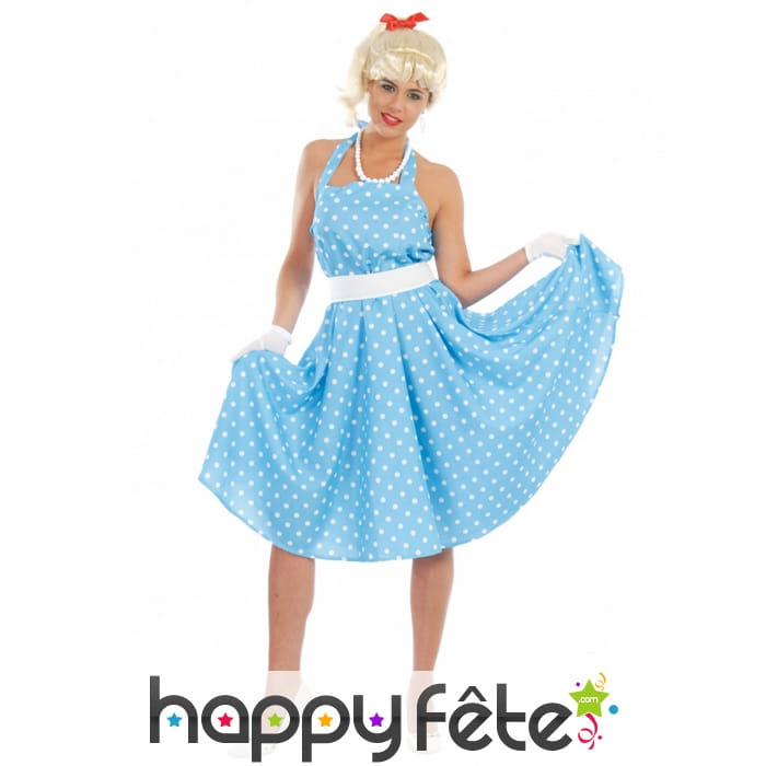 Robe année 50 style Pin-Up bleue à pois pour femme