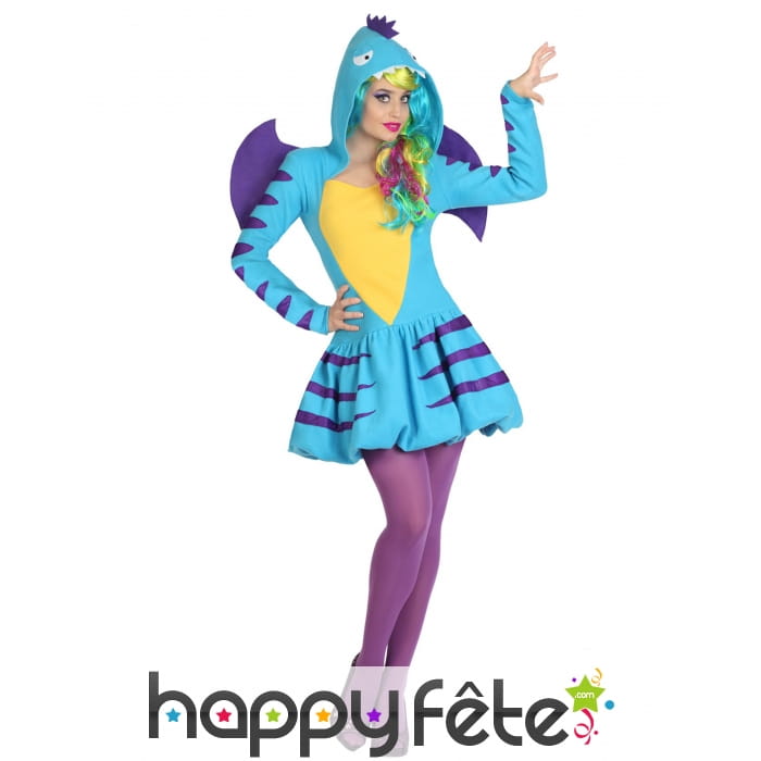 Robe à capuche de dragon bleu pour femme
