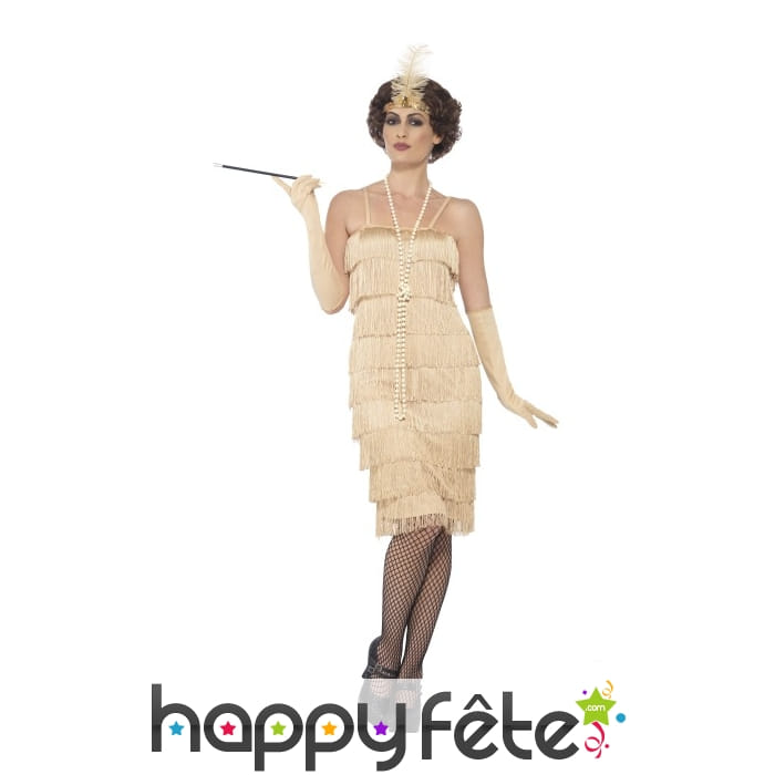 Robe à franges dorées mi-longues, années 20