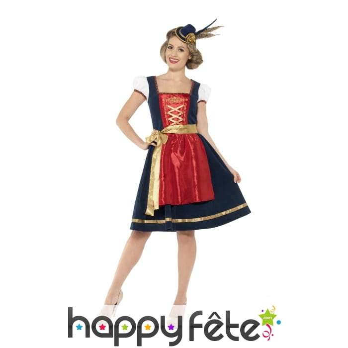 Robe bavaroise bleue, tablier rouge traditionnel