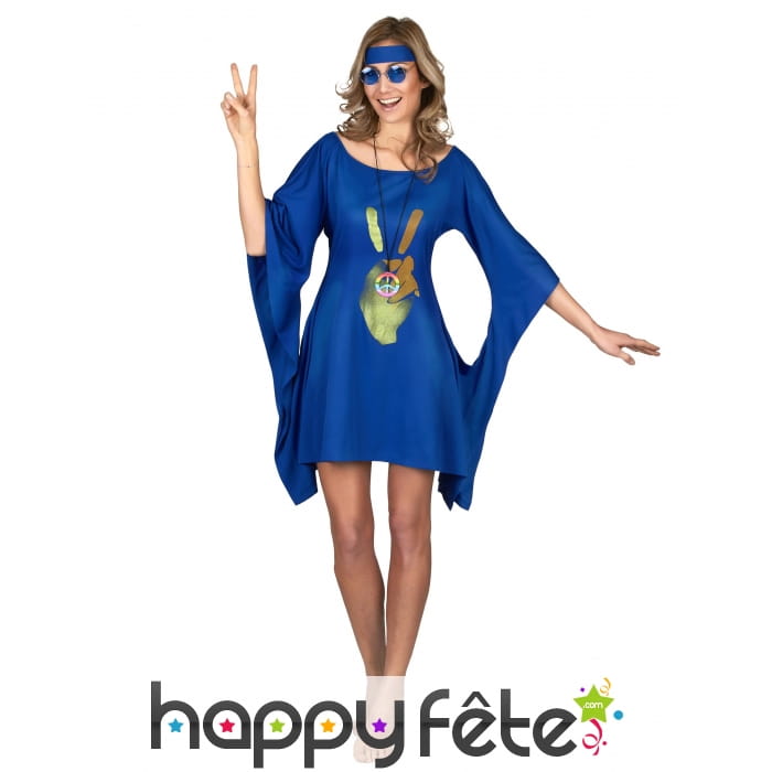 Robe bleue de hippie manches évasées