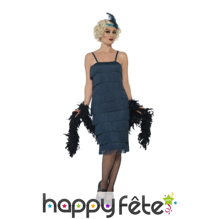 Robe bleue flappers mi-longue à franges