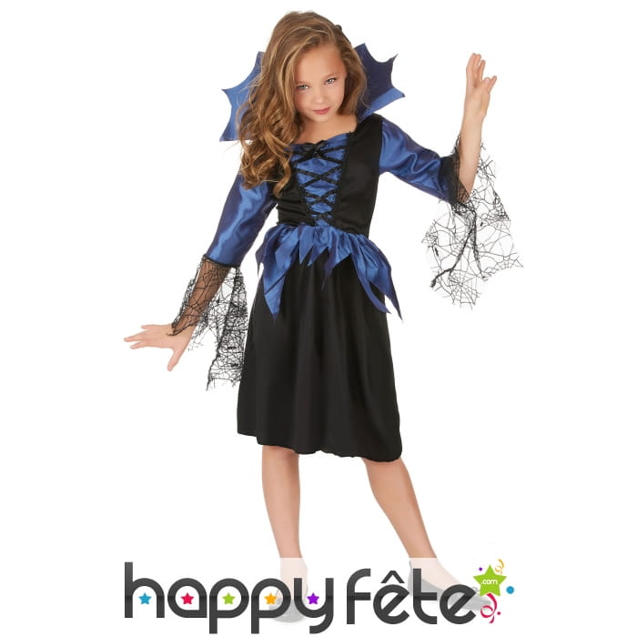 Robe bleue noir manches araignées pour fillette