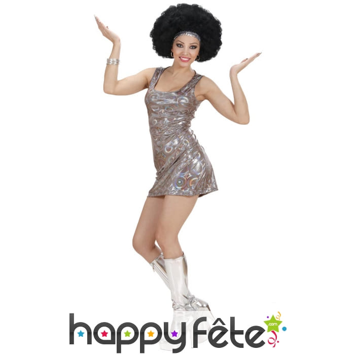 Robe courte disco argentée à motifs