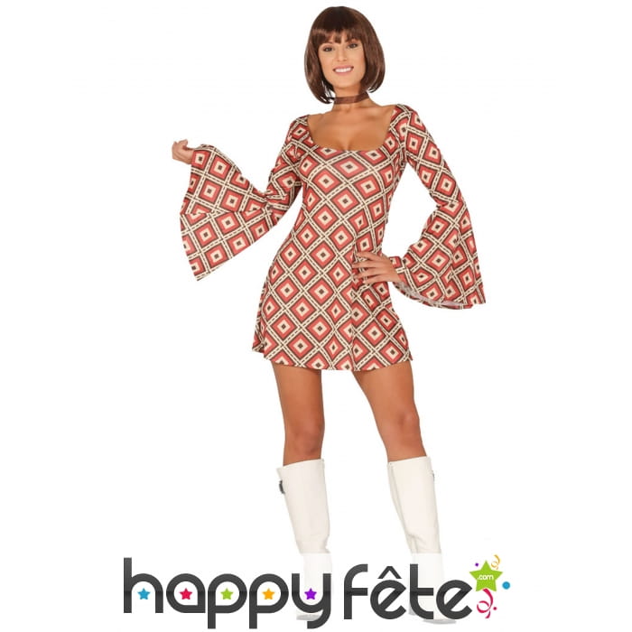 Robe courte disco motifs losange marrons, femme