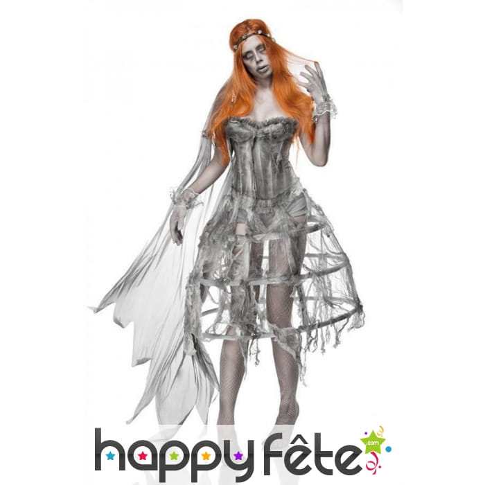 Robe corset grise de mariée zombie avec cerceau