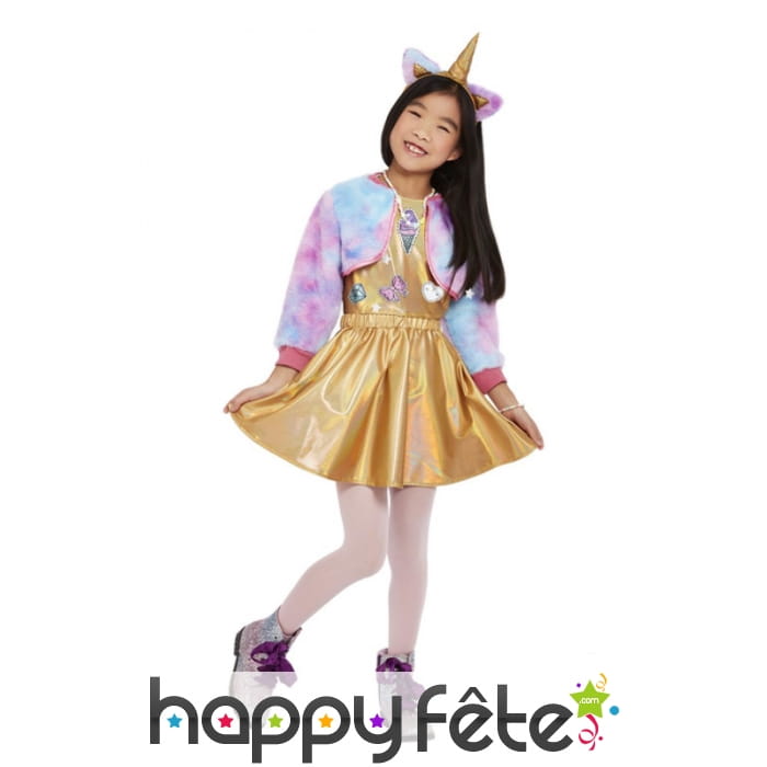 Robe de chat licorne doré et multicolore, fille