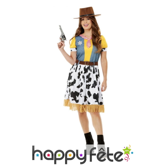 Robe de cowgirl jaune imprimé vache pour femme
