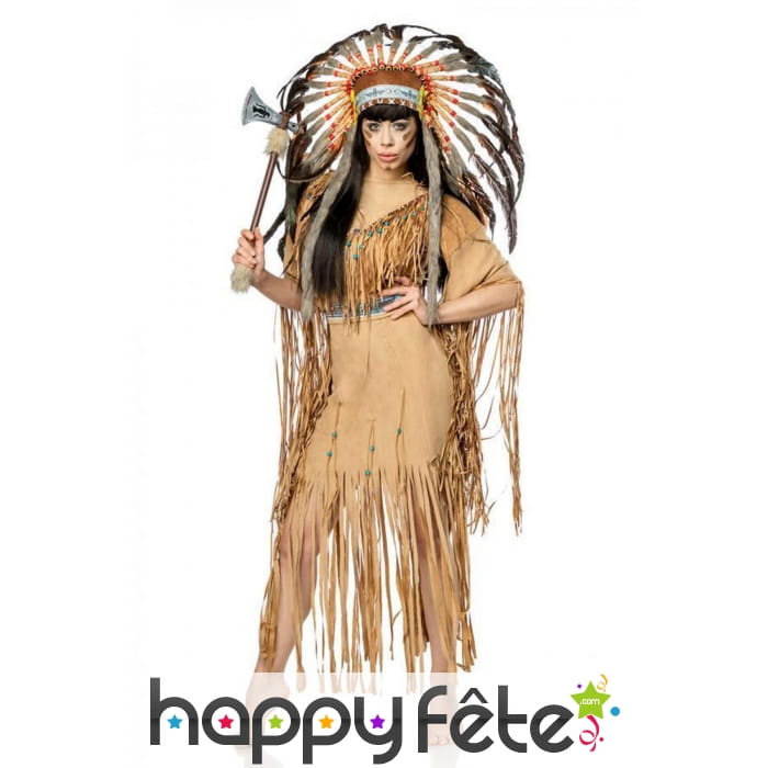 Robe d'indienne marron à franges avec coiffe, luxe