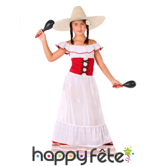 Robe de Mexicaine pour enfant, blanche et rouge