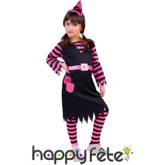 Robe de petite sorcière rose et noire avec chapeau