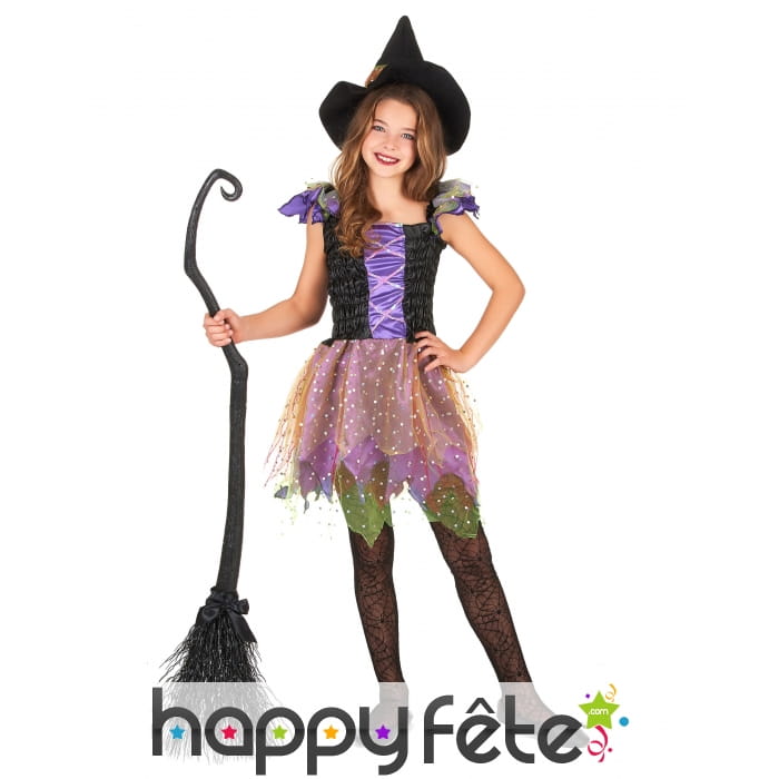 Costume Sorcière Halloween Fille – Robe Violette Avec Chapeau Et Bandeau – Taille Enfant, Polyester, Réutilisable