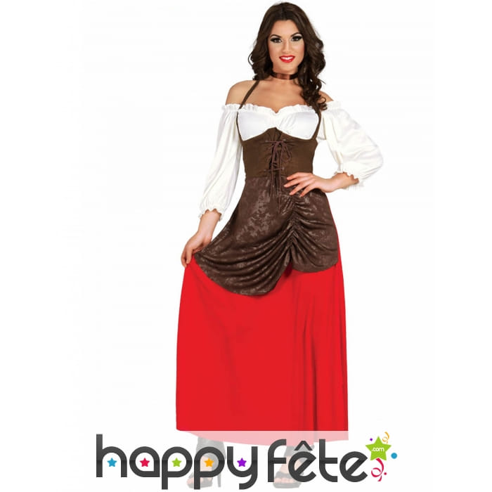 Robe de tavernière du Moyen âge marron et rouge