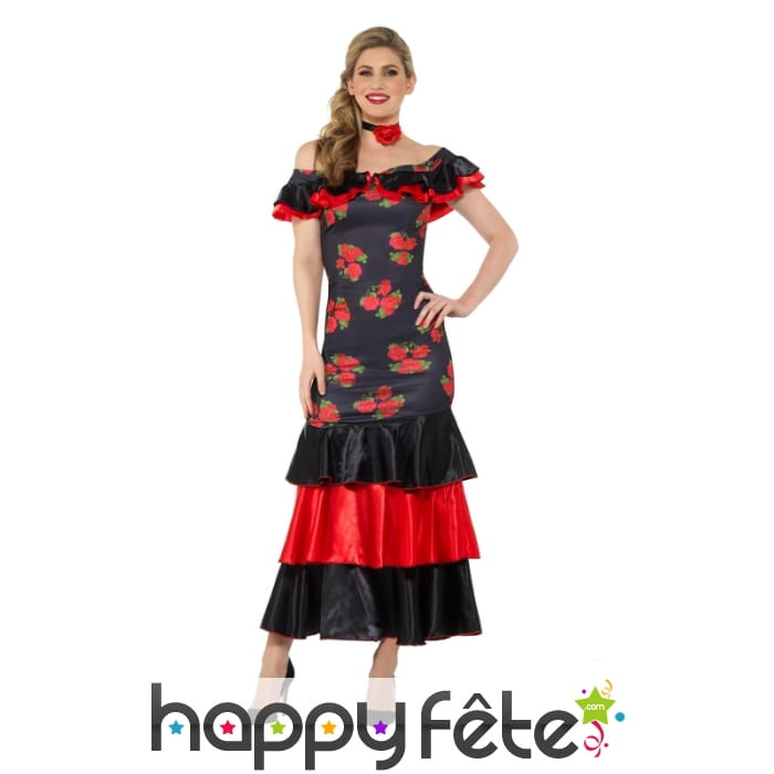 Robe Flamenco noir et rouge motifs fleurs