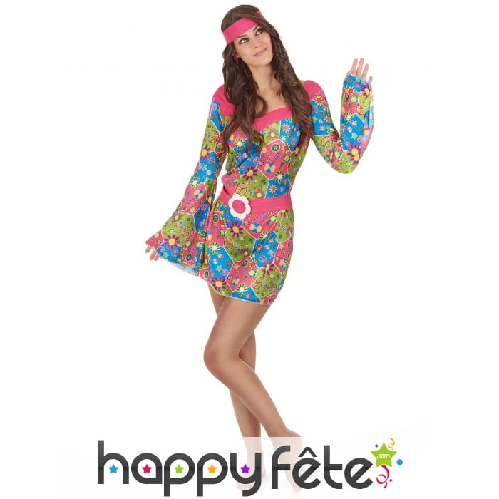 Robe hippie courte imprimé fleurs manches évasées