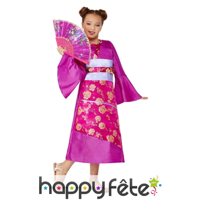Robe kimono rose avec éventail pour enfant