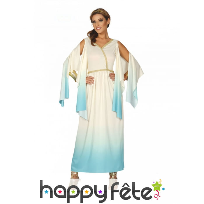 Robe longue de déesse grecque bleu dégradé blanc